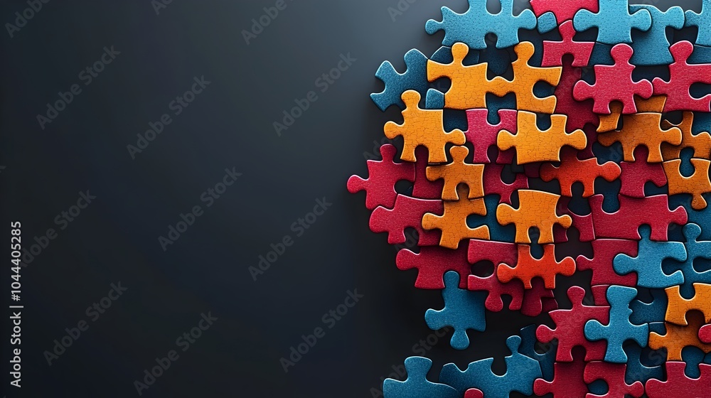 Poster puzzle pieces assembling into the shape of a human brain representing the creative process of proble