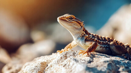 Fototapeta premium A close-up of a lizard basking on a rock in warm sunlight.