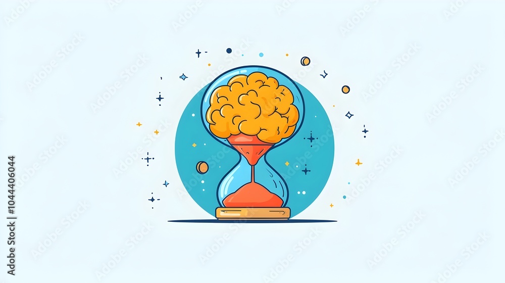 Poster hourglass shape morphing into a brain visually representing the concept of time fueling creativity i