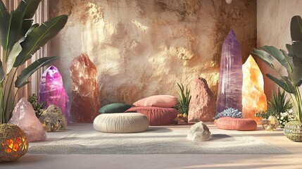 Crystal-Filled Room with Cushions and Rugs