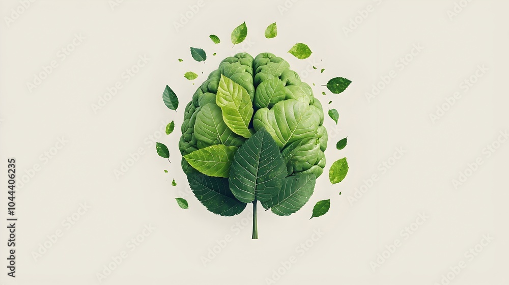 Poster flat design of a leaf morphing into a brain symbolizing the connection between nature creativity and