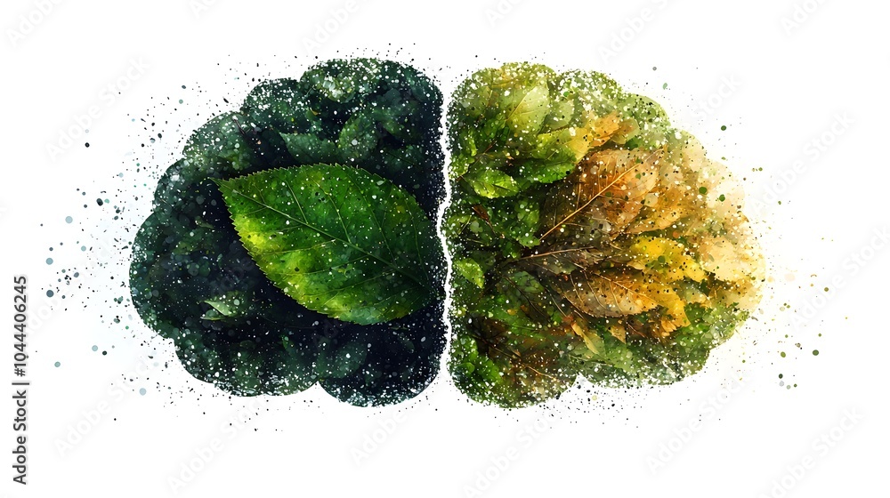 Poster leaf morphing into a brain minimalist flat design symbolizing the connection between nature creativi