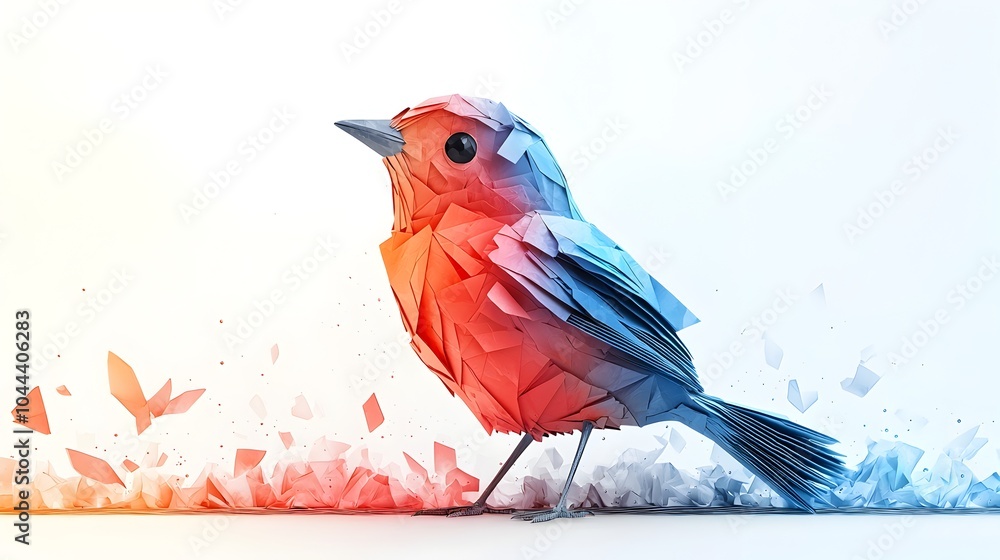 Poster origami bird transforming into real bird flat minimalist on white background symbolizing imagination