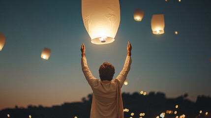 Sky Lanterns: A solitary figure, their arms outstretched, releases a glowing sky lantern into the twilight sky, creating a mesmerizing spectacle of hope and aspiration.