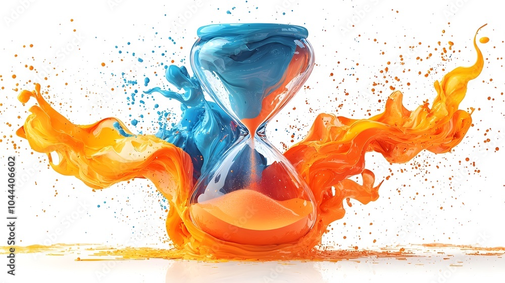 Poster hourglass turning into flowing paint creativity over time abstract flat design on white background c