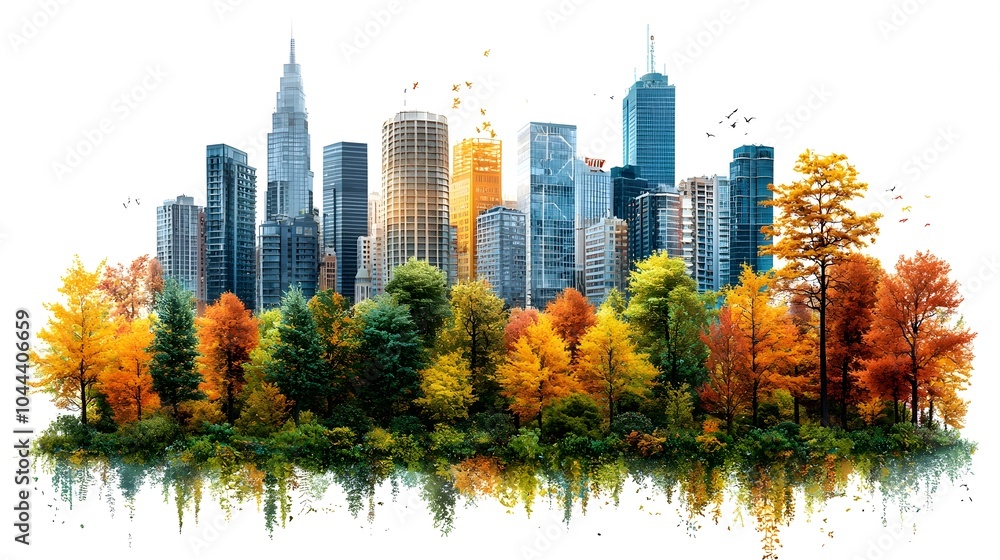 Poster flat design of city buildings seamlessly transitioning into lush green trees symbolizing the concept