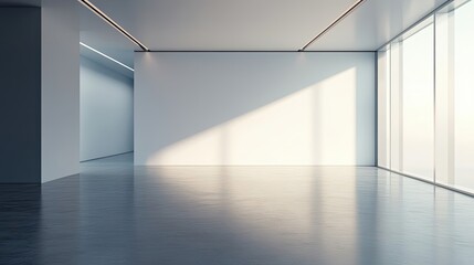 Modern Minimalist Room with Large Window and Reflective Floor