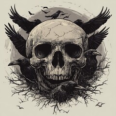 Fototapeta premium A human skull surrounded by five ravens with a grey background.