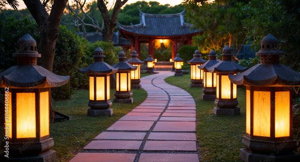 Poster ancient stone lanterns lining a winding path through a garden background warm glow illuminating the 