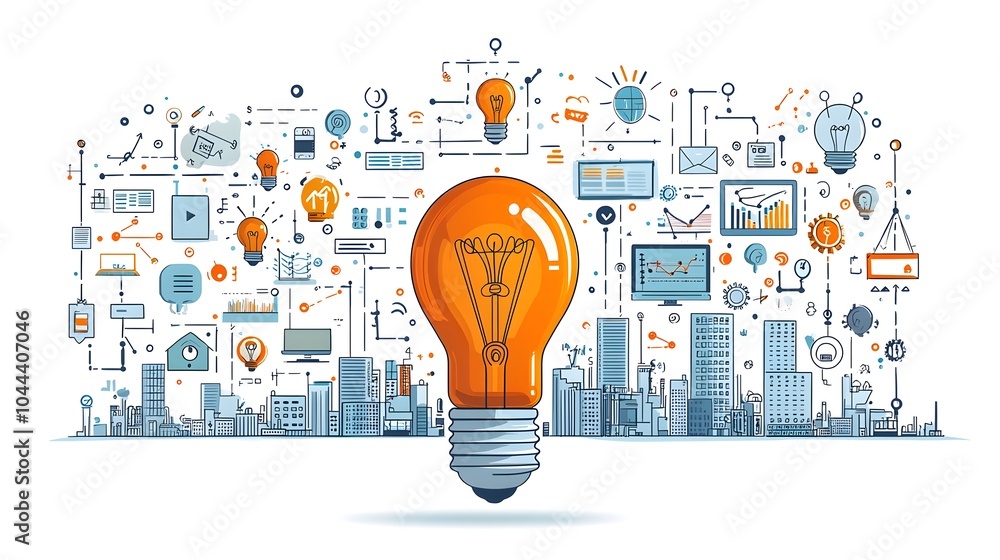 Poster conceptual depicting an idea lightbulb morphing or transforming into a computer representing the int