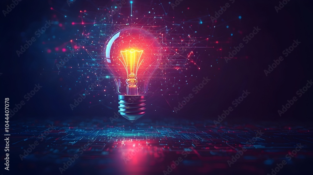 Poster transforming idea lightbulb morphing into a creative computer technology concept flat design of an o