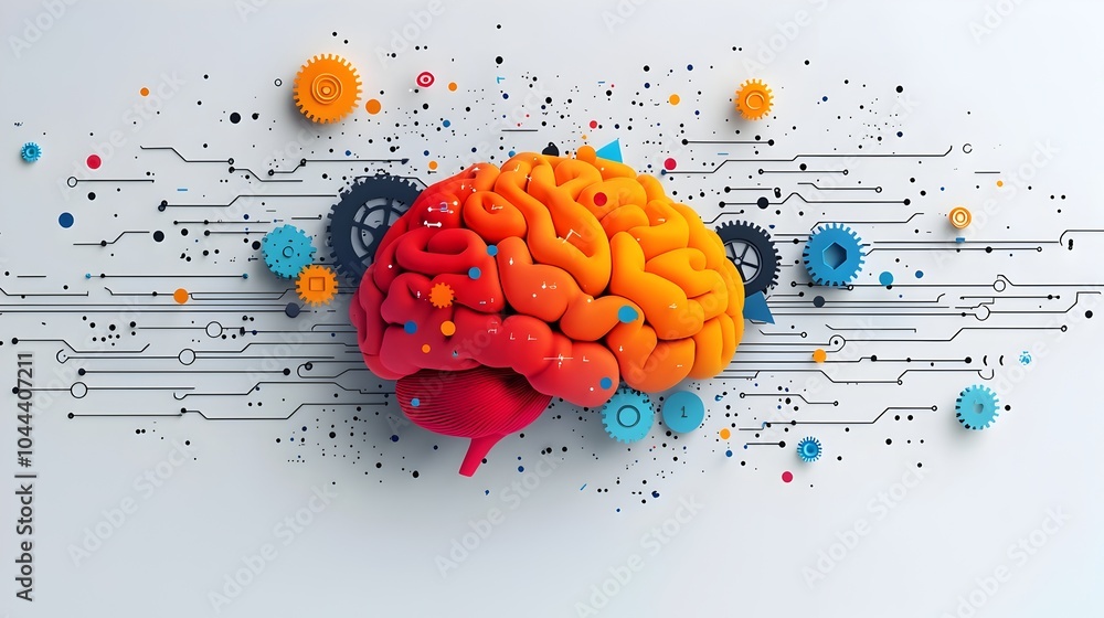 Poster of a gear mechanism transforming and integrating into the form of a human brain representing the con
