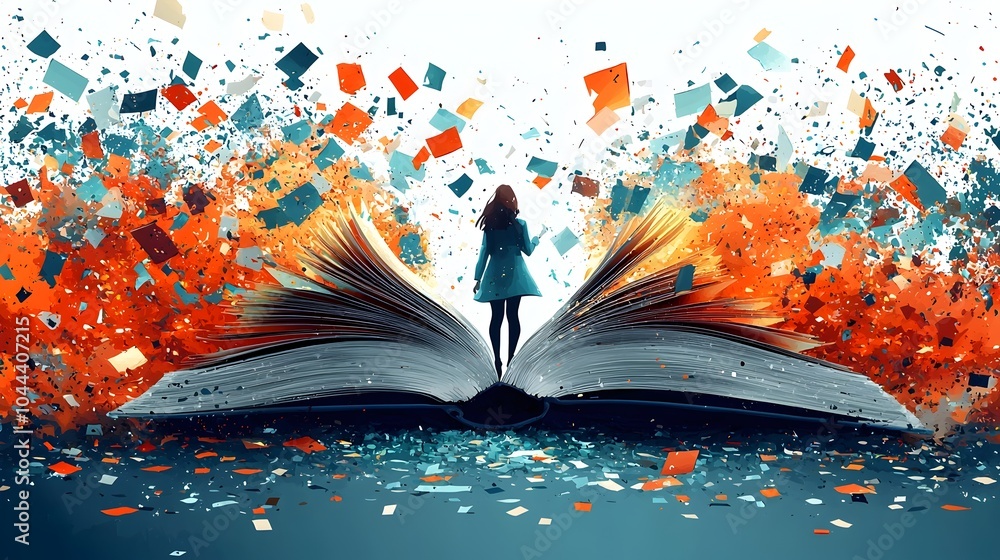 Poster conceptual of a book transforming into flying pages representing the soaring potential of ideas and 