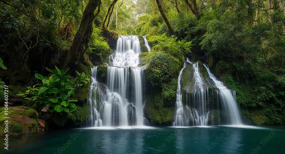 Poster cascading waterfall hidden within a lush forest background natural wonder creating soothing sounds e