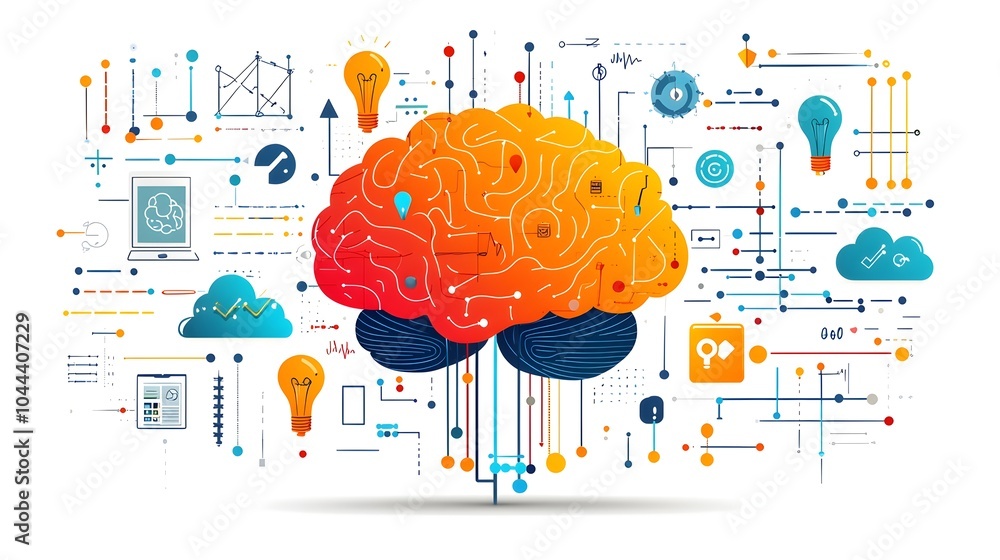 Poster gear transforming into a brain concept of innovation and intelligence depicted in a minimalist flat 