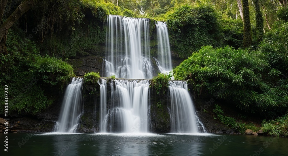 Poster cascading waterfall hidden within a lush forest background natural wonder creating soothing sounds e