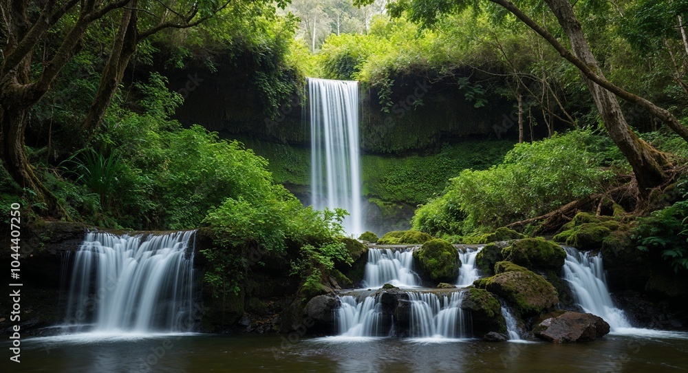 Poster cascading waterfall hidden within a lush forest background natural wonder creating soothing sounds e