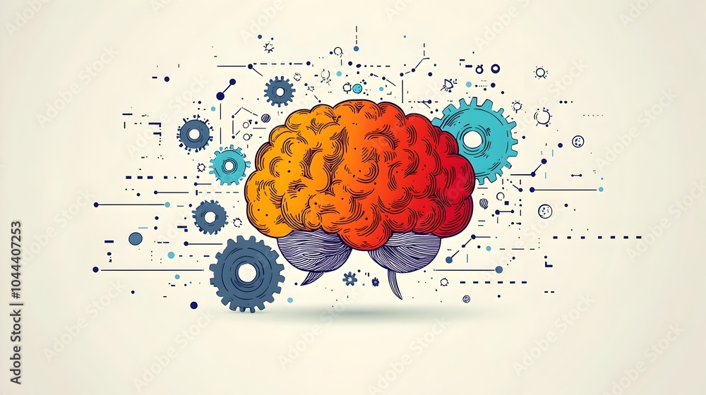 Poster of a mechanical gear seamlessly transforming into a human brain symbolizing the connection between t