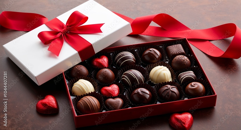 Poster chocolate box adorned with red ribbon on a table background tempting assortment inviting indulgence 
