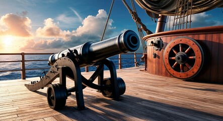 Naklejka premium Cannon loaded and ready on a pirate ship deck background formidable weaponry highlighting the dangers and adventures faced by seafaring rogues