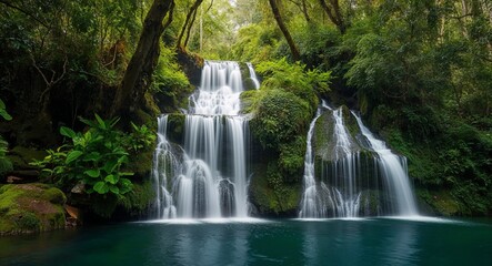 Fototapeta premium Cascading waterfall hidden within a lush forest background natural wonder creating soothing sounds enhancing the serene environment