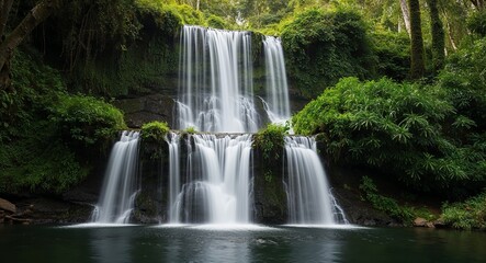 Fototapeta premium Cascading waterfall hidden within a lush forest background natural wonder creating soothing sounds enhancing the serene environment