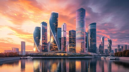 Fototapeta premium illustration of a modern city surrounded by water with a beautiful sunset