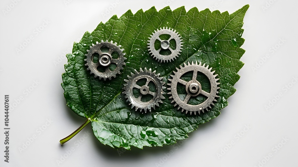 Poster flat design of a leaf transitioning into interconnected gears symbolizing the concept of sustainable