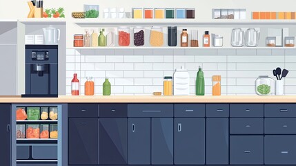 Kitchen with white tiled backsplash, black cabinets, and open shelves filled with various jars and bottles.