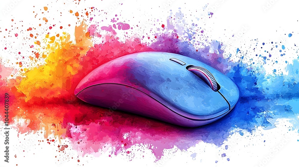 Poster computer mouse seamlessly merging and transforming into a digital paintbrush symbolizing the of tech