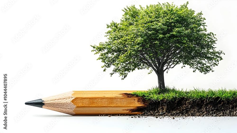 Poster pencil transforming into a tree concept representing growth innovation and transformation from basic