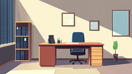 Fototapeta premium Empty Modern Office Workspace with Desk, Chair, and Filing Cabinet
