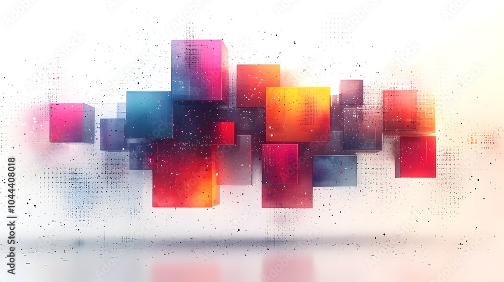 Poster transforming a simple 3d cube into a captivating abstract art piece with a flat design on a clean wh