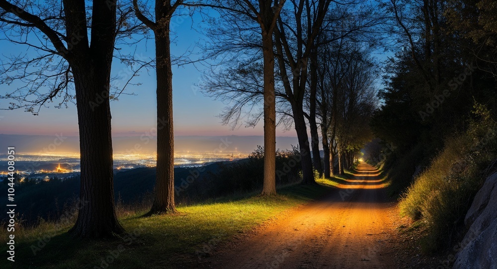 Poster glow of distant city lights faintly visible through the trees along a trail background contrasting n