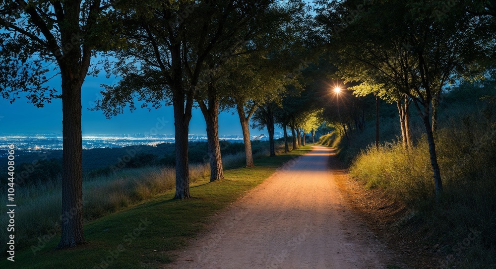 Poster glow of distant city lights faintly visible through the trees along a trail background contrasting n