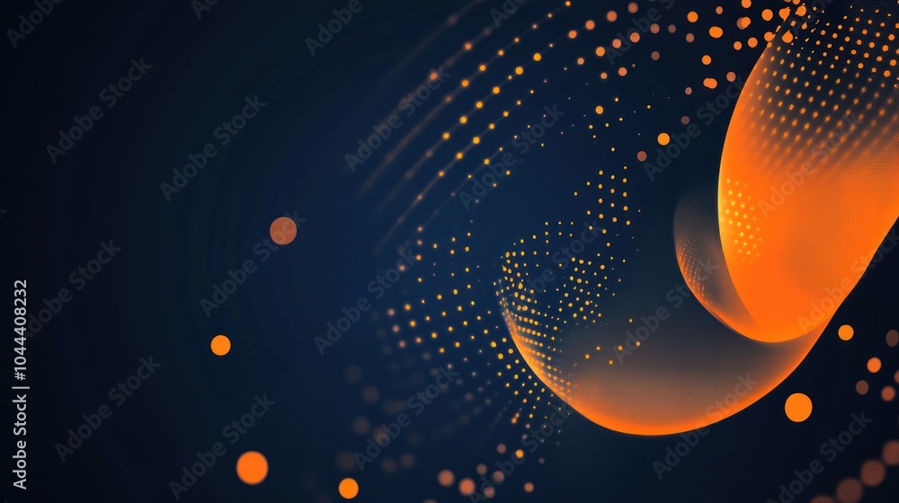 Poster abstract design featuring orange and dark blue tones with dotted patterns and flowing shapes.