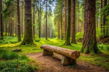 Naklejka premium serene forest scene with wooden bench, fallen tree, lone trunk