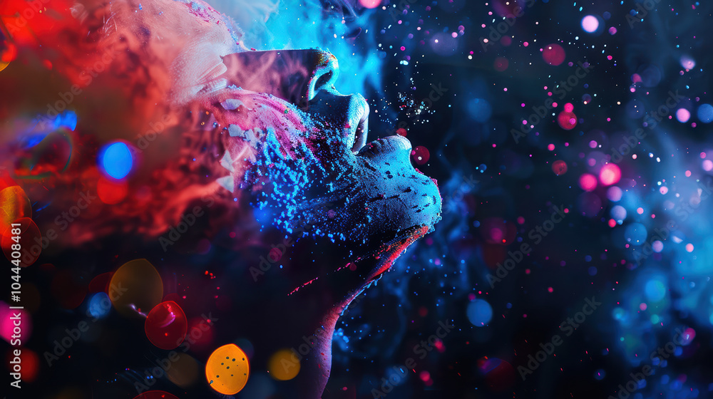 Poster vibrant and artistic representation of face surrounded by colorful particles, capturing essence of f