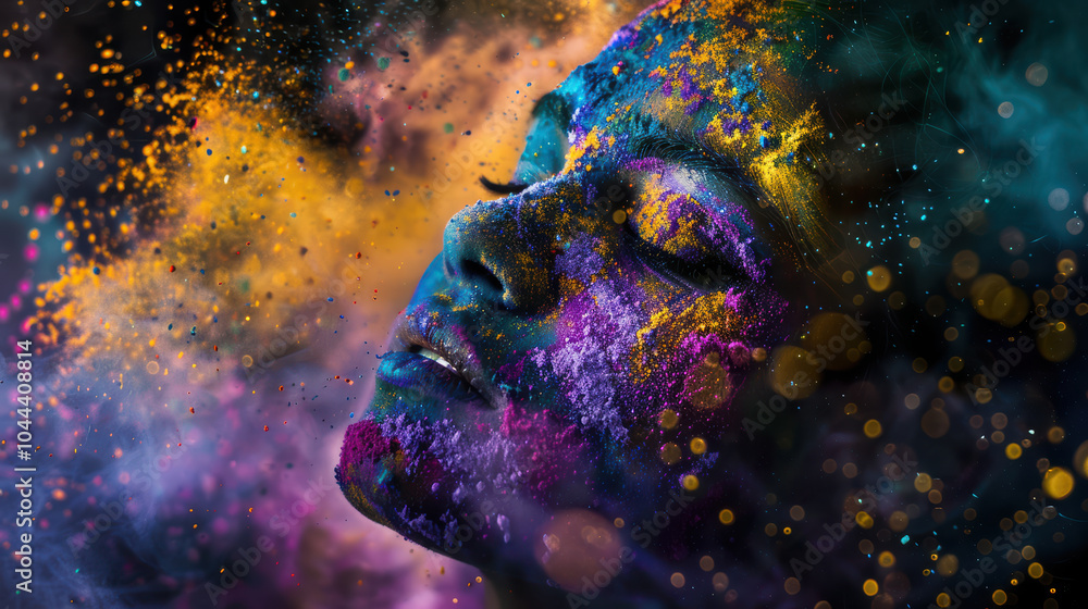 Poster vibrant moment captured at color festival, showcasing womans face adorned with colorful powders and 