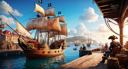 Fototapeta premium Pirate ship docked at a bustling seaside port background lively scene filled with activity showcasing trade and adventure on the horizon