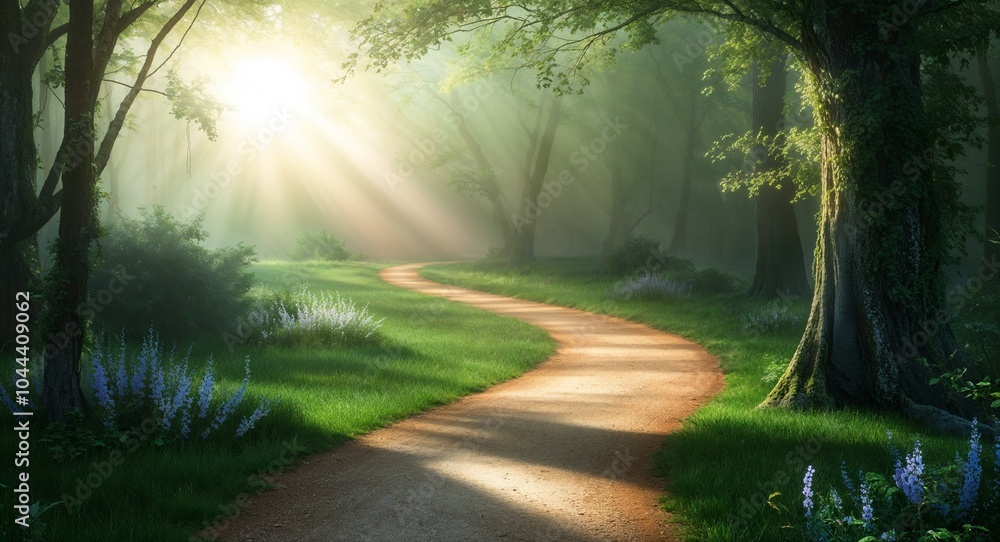 Poster quiet pathway leading through a peaceful forest illuminated by soft sunlight background inviting exp
