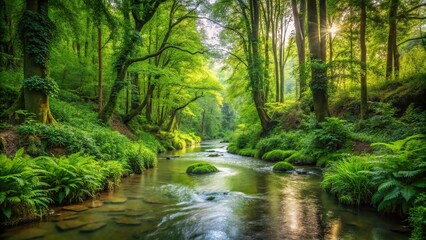 Obraz premium serene forest stream winding through greenery