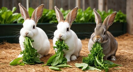 Obraz premium Rabbits munching on fresh greens in a pen background adorable bunnies enjoying a healthy diet promoting wholesome farm practices