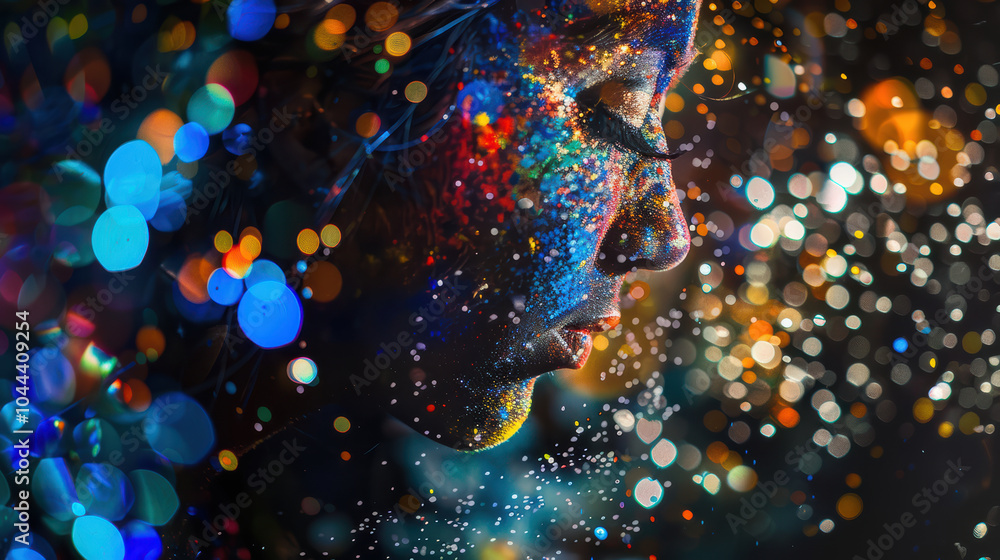 Poster vibrant and artistic portrayal of womans profile, adorned with colorful splashes and sparkling light