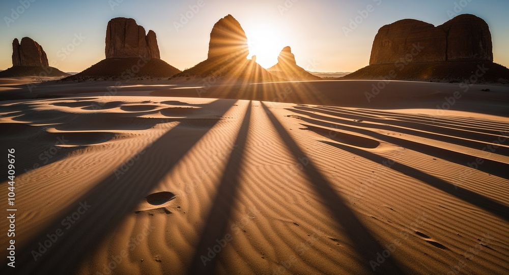 Poster sunlight streaming through distant rock formations creating shadows on the sand background enchantin