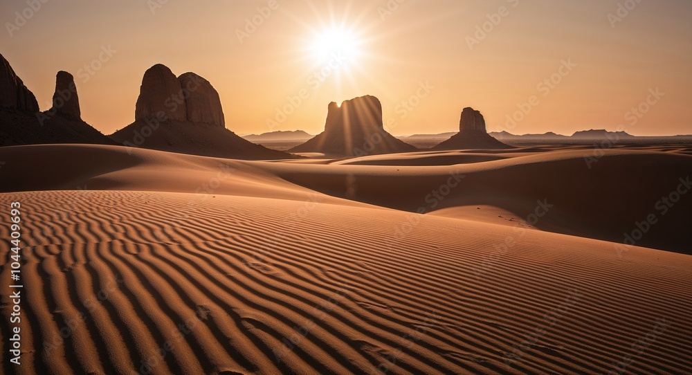 Poster sunlight streaming through distant rock formations creating shadows on the sand background enchantin