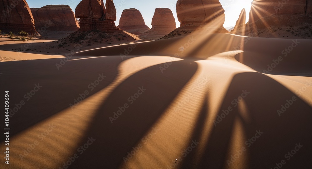 Poster sunlight streaming through distant rock formations creating shadows on the sand background enchantin