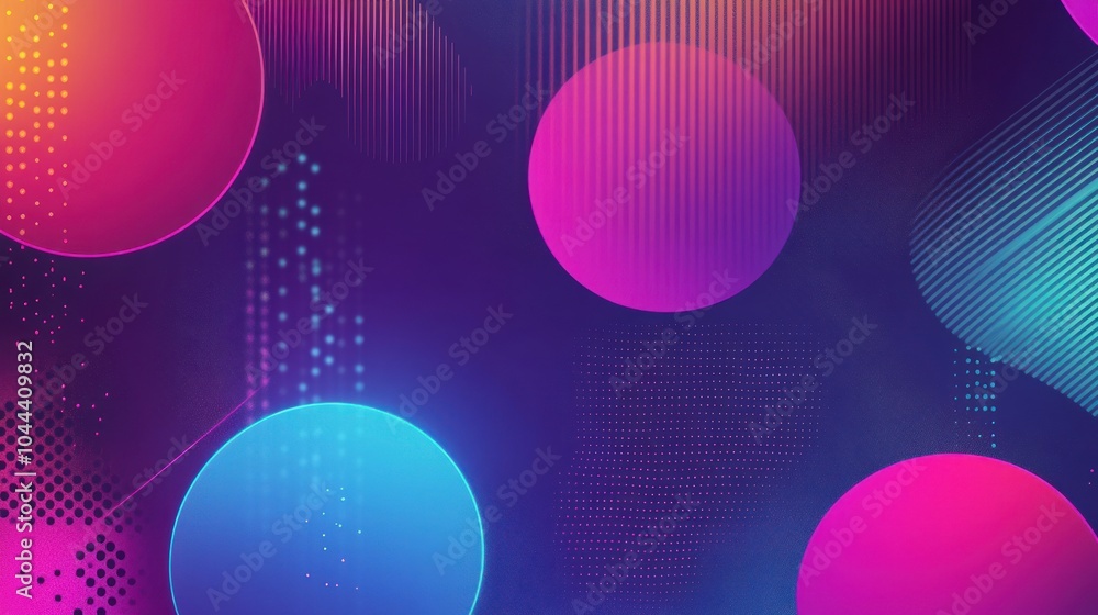 Poster a vibrant abstract design featuring colorful circles and geometric patterns on a dark background.
