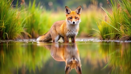 Obraz premium reflected cute red fox in natural environment