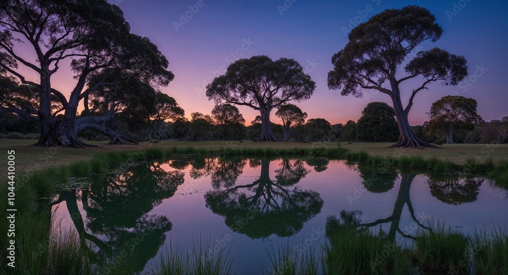 Poster twilight sky reflecting on a still pond surrounded by ancient trees background serene scene creating